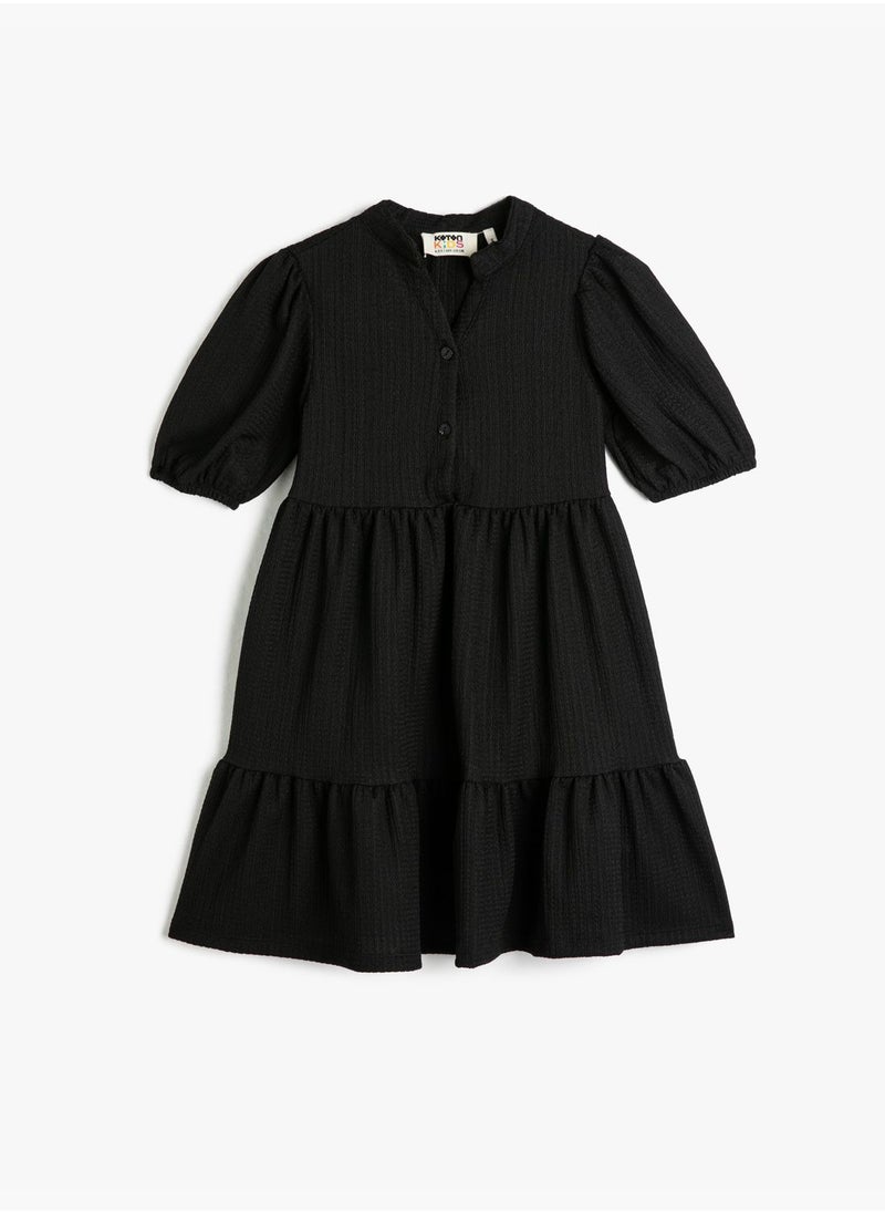 KOTON Maxi Dress Short Puff Sleeve Mandarin Collar Button Detail  - Image 1