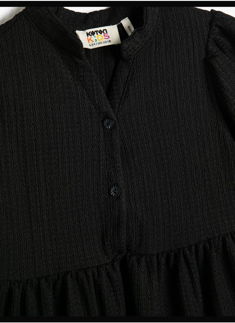 KOTON Maxi Dress Short Puff Sleeve Mandarin Collar Button Detail  - Image 3