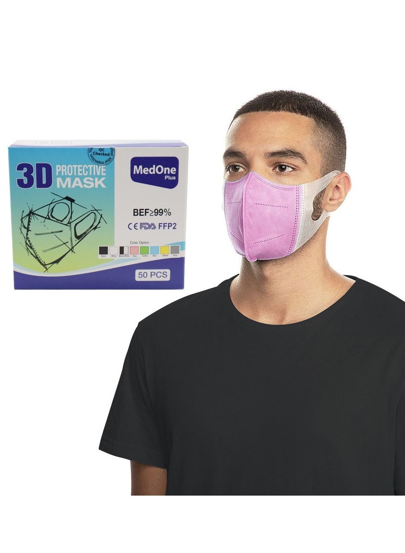 MedOne 50 Pieces Face Mask 3D Protective Adult Face Mask For Adult Unisex Pink  - Image 2