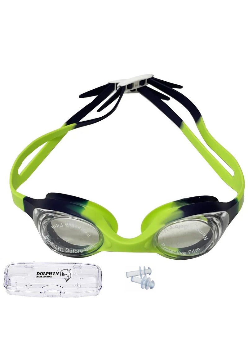 Dolphin G-168 Anti-Fog Kids Swim Goggles With Box & Ear Plugs, Green/Dark Blue 