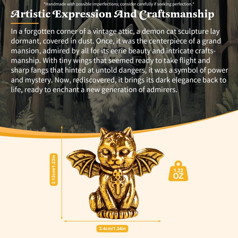 CHOVY Retro Handcrafted Evil Cat Sculpture - 100% Solid Brass Demon Cat Figurine with Wings & Fangs | Gothic Dark Fantasy Desktop Decor, Collectible Art Piece Unique Gift - Image 3