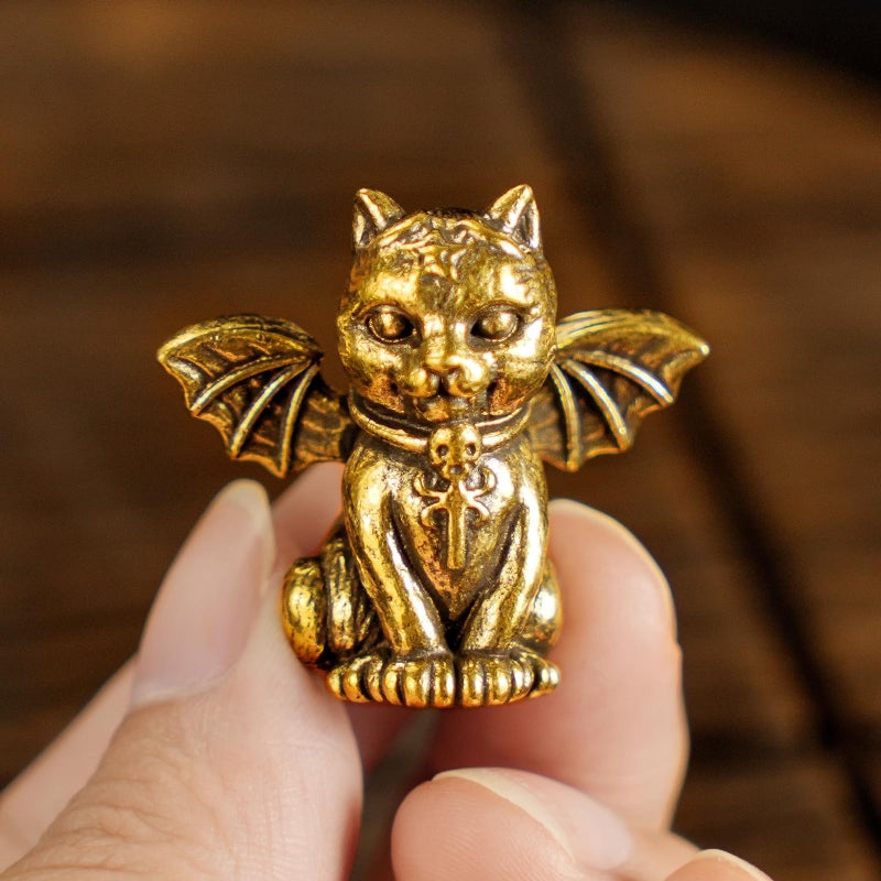 CHOVY Retro Handcrafted Evil Cat Sculpture - 100% Solid Brass Demon Cat Figurine with Wings & Fangs | Gothic Dark Fantasy Desktop Decor, Collectible Art Piece Unique Gift - Image 2