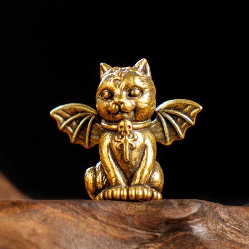 CHOVY Retro Handcrafted Evil Cat Sculpture - 100% Solid Brass Demon Cat Figurine with Wings & Fangs | Gothic Dark Fantasy Desktop Decor, Collectible Art Piece Unique Gift - Image 1