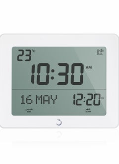 Alfajr ALFAJR Wall Azan Clock with Prayer Timing Display - CF-19 White, LCD Prayer clock with Temperature, Date and Automatic Athan Five Times  - Image 1