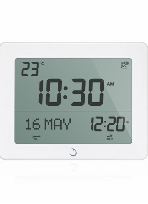 ALFAJR Wall Azan Clock with Prayer Timing Display - CF-19 White, LCD Prayer clock with Temperature, Date and Automatic Athan Five Times