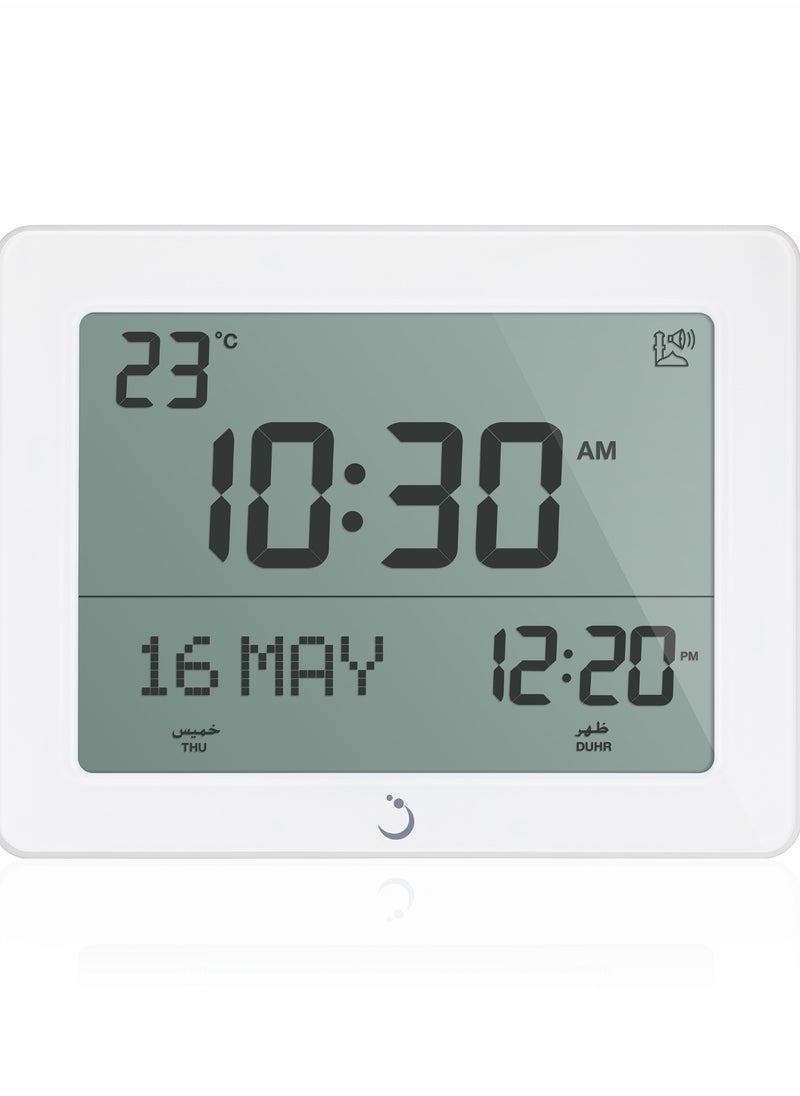 Alfajr - ALFAJR Wall Azan Clock with Prayer Timing Display - CF-19 White, LCD Prayer clock with Temperature, Date and Automatic Athan Five Times - Image 1