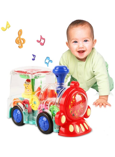 ألعاب قطار مضيئة، لعبة حسية كهربائية شفافة ممتعة للأطفال مع موسيقى ضوئية ملونة وتروس متحركة، ألعاب زحف للأطفال على البطن للأولاد والبنات