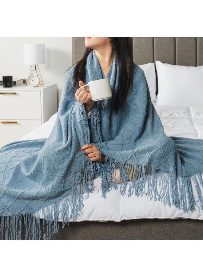 Dusty Blue Knit Throw Blanket for Couch Bed, Soft Knitted Farmhouse Sofa Throw for Living Room, Lightweight Decorative Summer Throw Blanket for Chair, Outdoor Textured Boho Blanket, 50x60 - Image 5