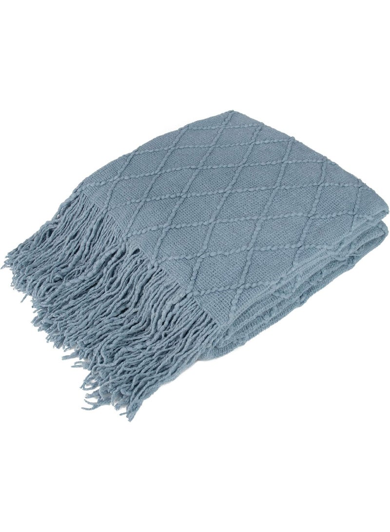 Dusty Blue Knit Throw Blanket for Couch Bed, Soft Knitted Farmhouse Sofa Throw for Living Room, Lightweight Decorative Summer Throw Blanket for Chair, Outdoor Textured Boho Blanket, 50x60 - Image 1