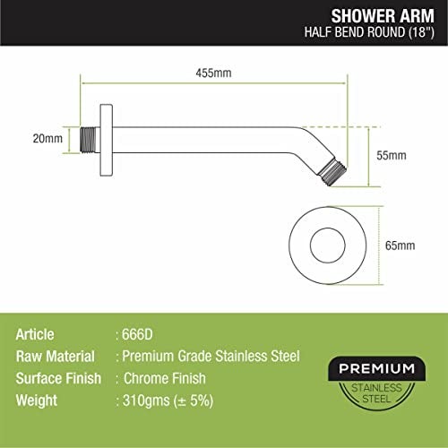LIPKA 18-Inch Stainless Steel Shower Arm with Wall Flange – Chrome Finish Overhead Rain Shower Extension, Round Wall-Mounted Arm for Bathroom Shower Head Silver - Image 2