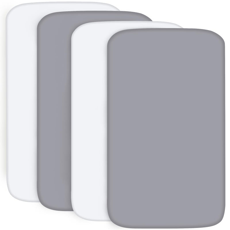 Biloban 4-Pack Fitted Pack and Play Sheets for Boys and Girls - Breathable, Soft Microfiber Baby Sheets in Grey and White - Image 1