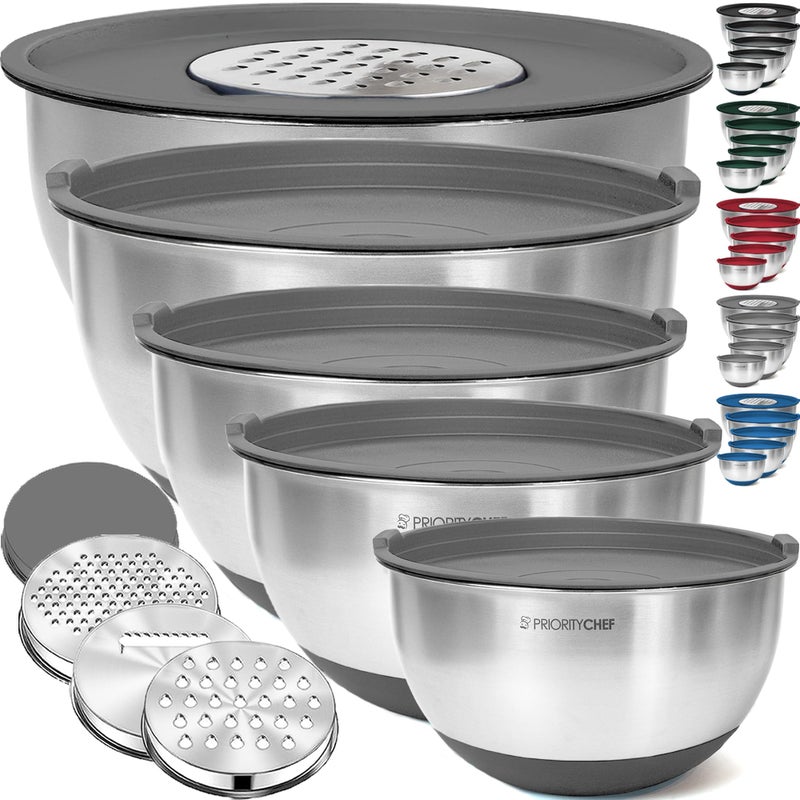 Priority Chef Stainless Steel Mixing Bowls with Lids Set 3 Grater Attachments Airtight Lids NonSlip Silicone Base Mixing Bowl Set Large Prep Metal Mixing Bowls for Kitchen Grey