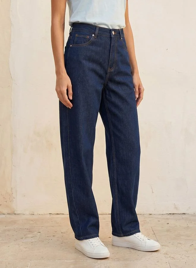 Denim Barrel Fit Button Closure Cotton Twisted Seam Jeans