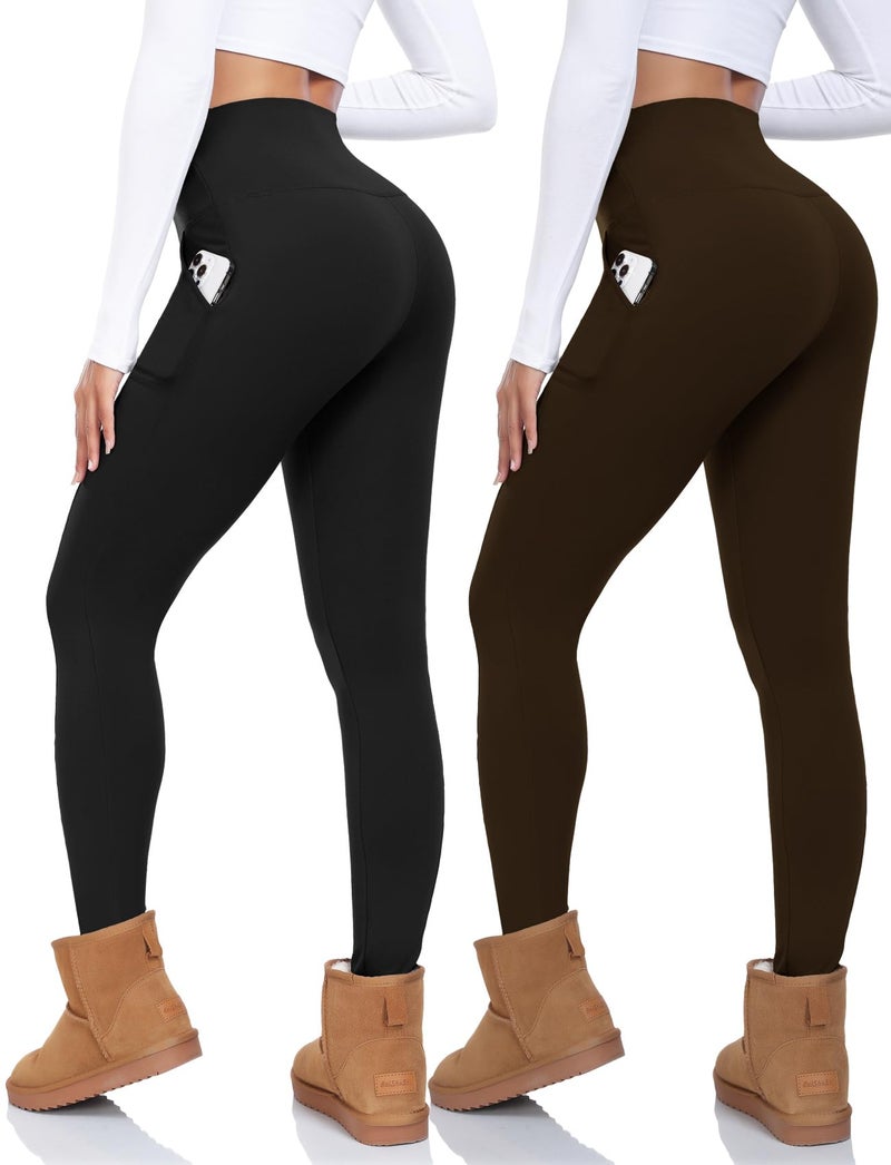 CTHH 2 Pack Fleece Lined Leggings Women with Pockets - High Waisted Soft Winter Thermal Warm Tummy Control Yoga Pants (Black,Coffee,Large-X-Large) - Image 1