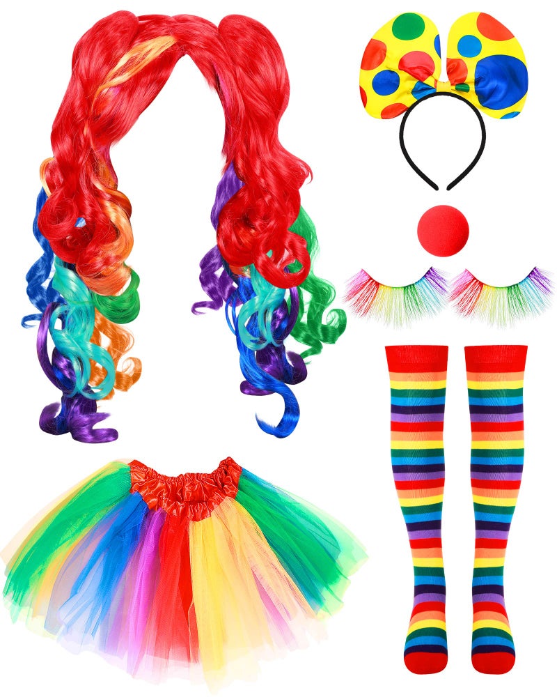 Canlierr 6 Pcs Women Clown Costume Rainbow Wig Tutu Skirt Eyelashes Clown Nose Socks for Halloween PartyMedium - Image 2