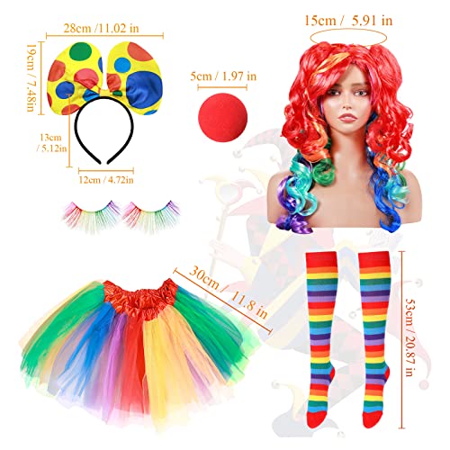 Canlierr 6 Pcs Women Clown Costume Rainbow Wig Tutu Skirt Eyelashes Clown Nose Socks for Halloween PartyMedium - Image 3