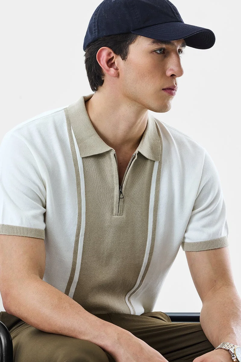 SNITCH Beige Striped Half Sleeve Regular Fit T-Shirt