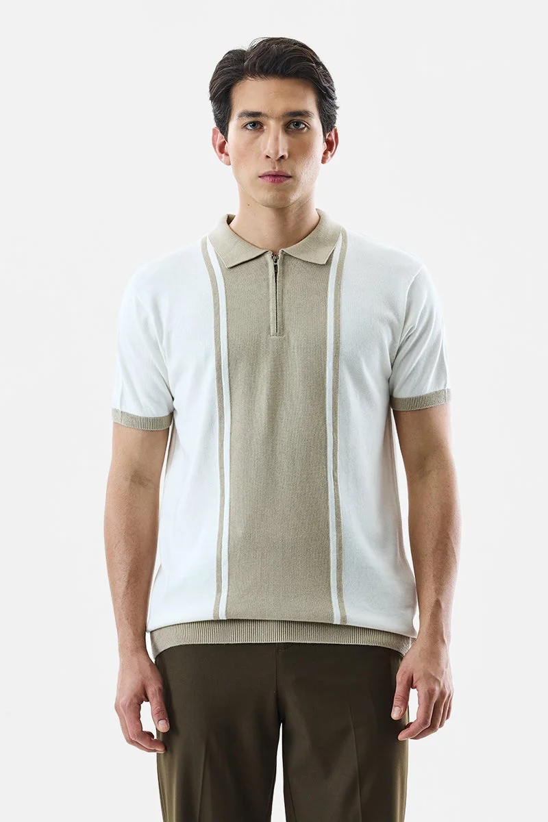 SNITCH Beige Striped Half Sleeve Regular Fit T-Shirt