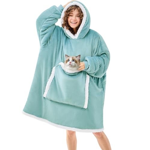 JOYWOO Wearable Blanket Hoodie,Oversized Cat Lovers Sweatshirt Blanket for Adult, Birthday Gifts for Women,Mom,Friend,Cozy Sherpa Hooded Blanket with Giant Pocket and Winter Gifts,Blue Gray Standard - Image 1