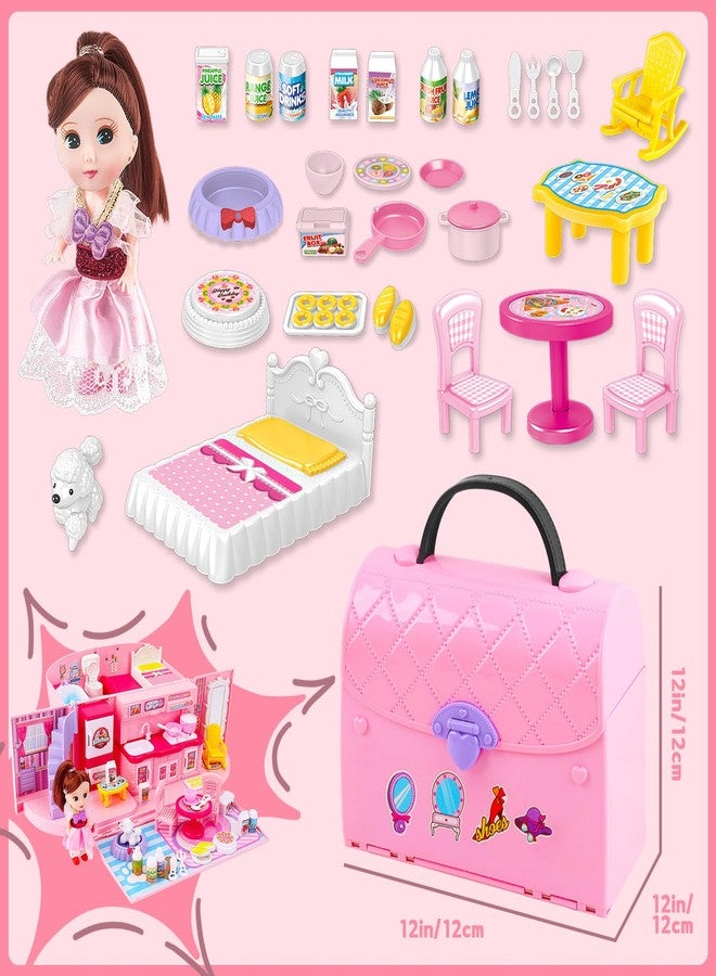 deAO بيت الدمى المحمول من deAO للبنات مع بيت دمى مزود بإضاءة وموسيقى وأثاث لبيت الدمى للأطفال من 3 إلى 8 سنوات - Image 2