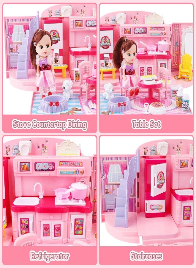 deAO بيت الدمى المحمول من deAO للبنات مع بيت دمى مزود بإضاءة وموسيقى وأثاث لبيت الدمى للأطفال من 3 إلى 8 سنوات - Image 3