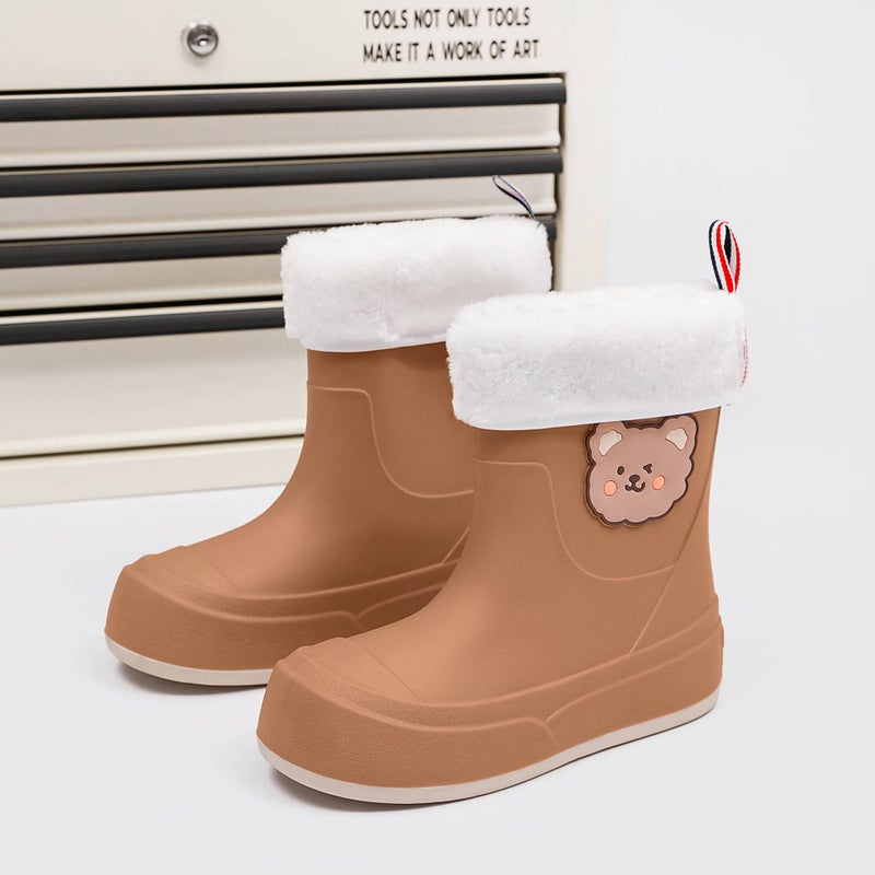 Fashion Short Tube Rain Boots with Plush Lining Brown [plus velvet cover] 009-1 need to order a larger size 