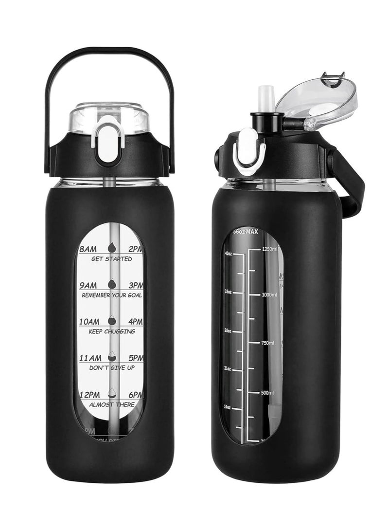 Arabest 64oz Glass Water Bottles with Straw, Half Gallon Motivational Glass Bottle with Silicone Sleeve and Time Marker, 2L Leakproof Large Glass Water Jug for Gym Home Office (black)  - Image 1