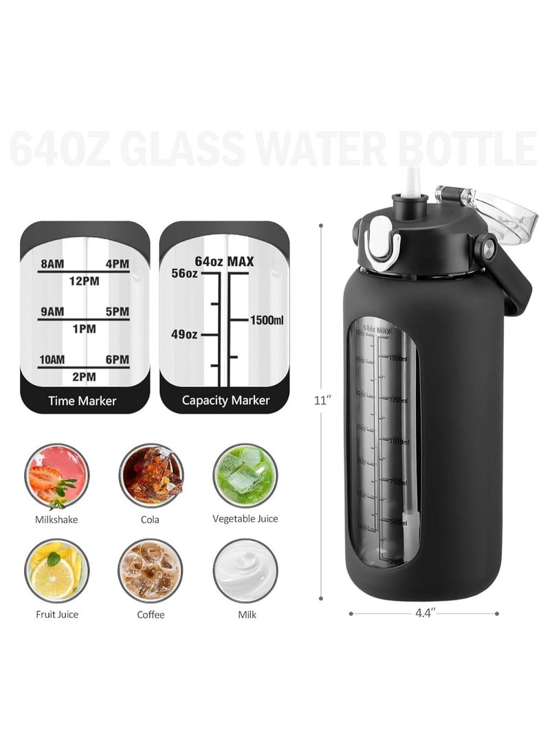 Arabest 64oz Glass Water Bottles with Straw, Half Gallon Motivational Glass Bottle with Silicone Sleeve and Time Marker, 2L Leakproof Large Glass Water Jug for Gym Home Office (black)  - Image 2