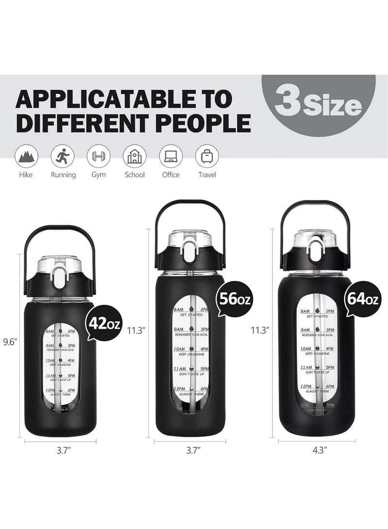 Arabest 64oz Glass Water Bottles with Straw, Half Gallon Motivational Glass Bottle with Silicone Sleeve and Time Marker, 2L Leakproof Large Glass Water Jug for Gym Home Office (black)  - Image 3