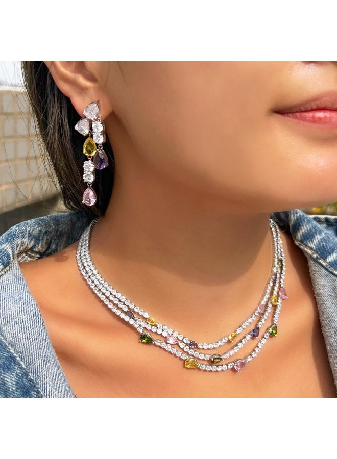 Ciara French style light luxury full diamond dinner dress necklace with multiple layers of stacked zircon water droplets collarbone chain earrings set - Image 1