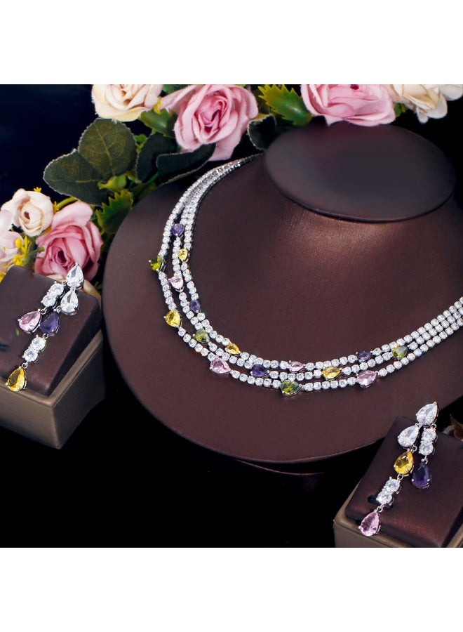 Ciara French style light luxury full diamond dinner dress necklace with multiple layers of stacked zircon water droplets collarbone chain earrings set - Image 3