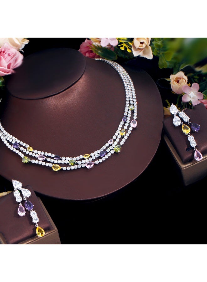 Ciara French style light luxury full diamond dinner dress necklace with multiple layers of stacked zircon water droplets collarbone chain earrings set - Image 5
