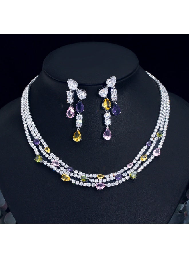 Ciara French style light luxury full diamond dinner dress necklace with multiple layers of stacked zircon water droplets collarbone chain earrings set - Image 2