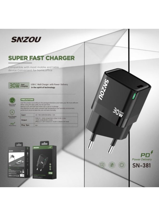 SNZOU Snzou Super fast Charger30W  USB-C Charger gan 30W - SN-381 - Image 1