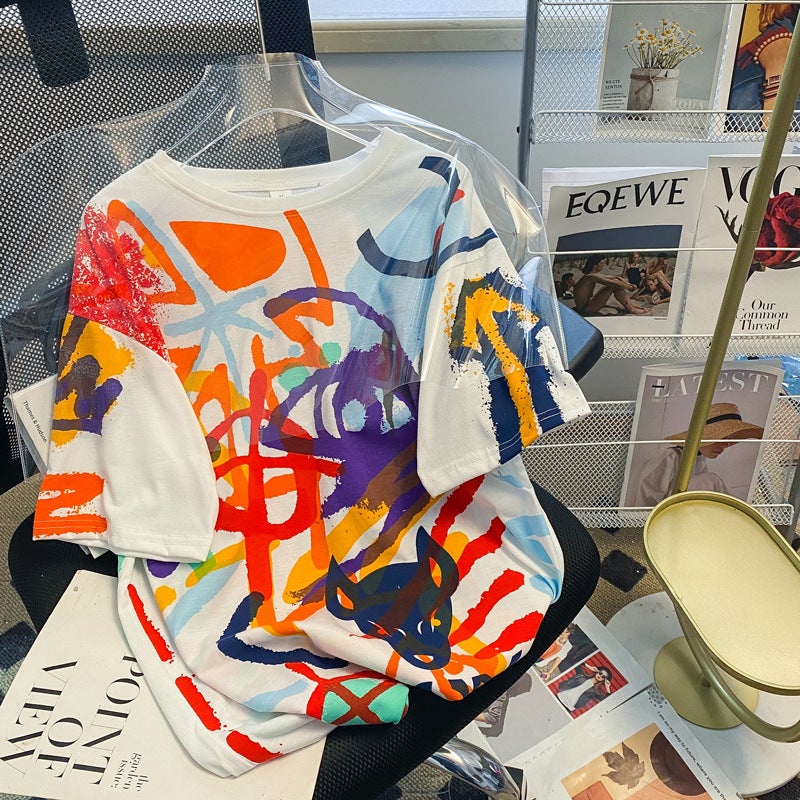 2023Ns Student Graffiti Short-Sleeved T-Shirt For Women Loose Mid-Length Lazy Style Half-Sleeved Top Clothes Trendy - Image 2