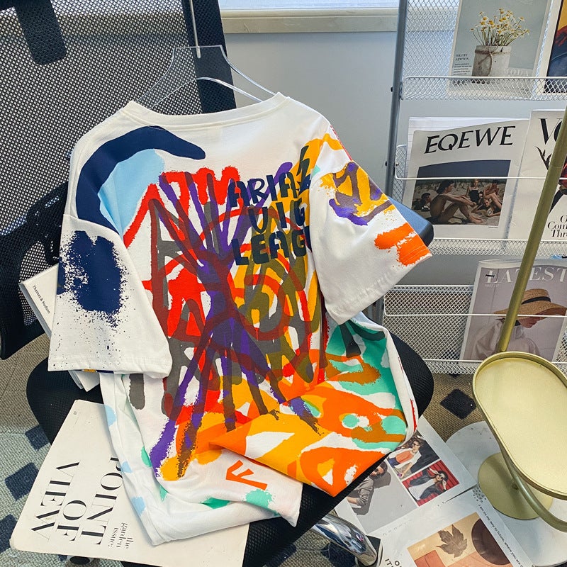 2023Ns Student Graffiti Short-Sleeved T-Shirt For Women Loose Mid-Length Lazy Style Half-Sleeved Top Clothes Trendy - Image 1