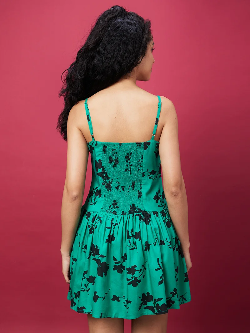 globus Women Green Floral Print A-Line Dress