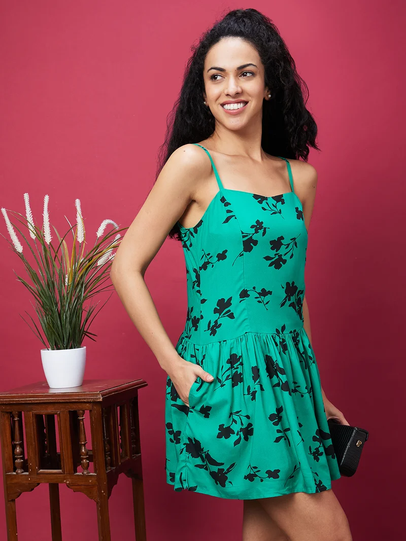 globus Women Green Floral Print A-Line Dress