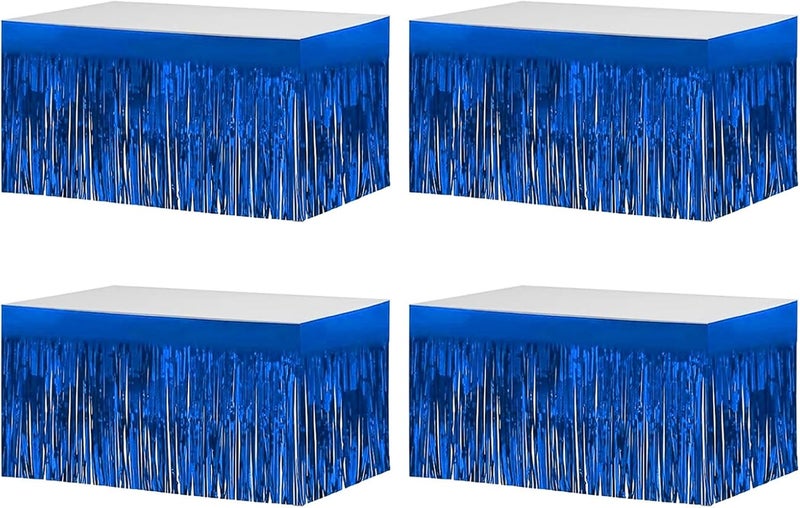 Aimto 4 Pack Metallic Foil Fringe Tinsel Table Skirts,29x108 Inch Party Disposable Table Skirt Banner for Hotel Banquet Parade Floats Mardi Gras Holiday Birthday Wedding New Year Party Decoration(Blue) - Image 1