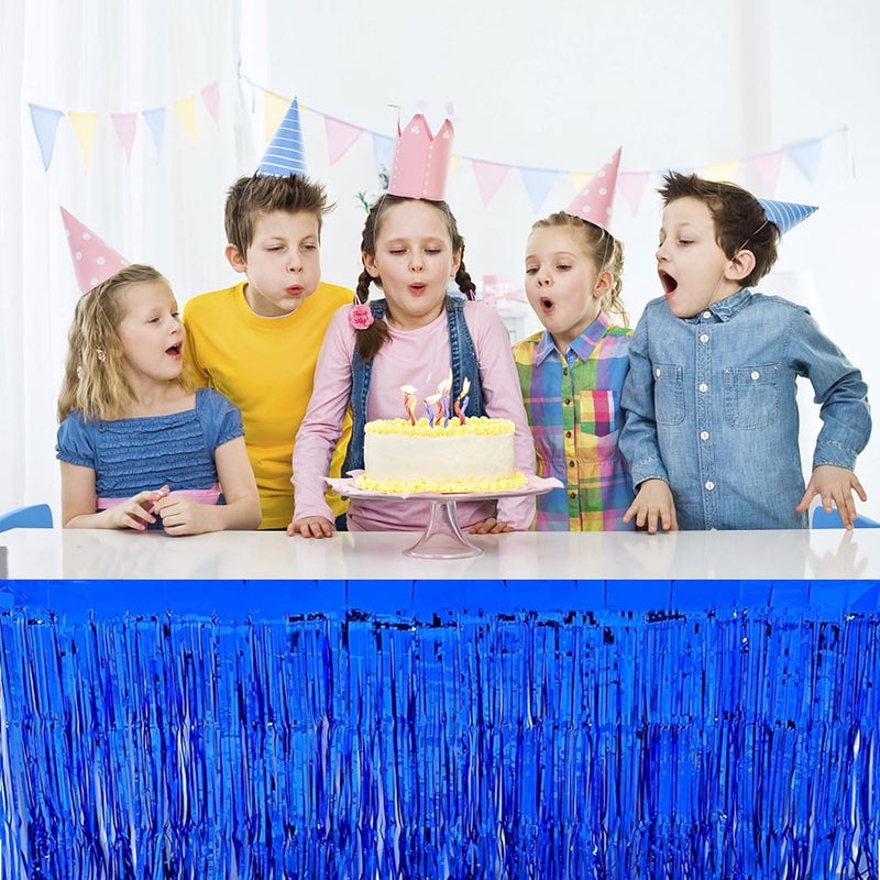 Aimto 4 Pack Metallic Foil Fringe Tinsel Table Skirts,29x108 Inch Party Disposable Table Skirt Banner for Hotel Banquet Parade Floats Mardi Gras Holiday Birthday Wedding New Year Party Decoration(Blue) - Image 4