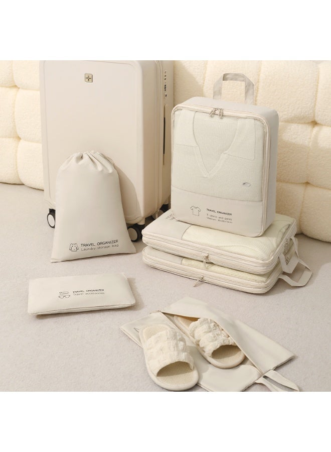 MiiSort Travel Organizer Set 6pcs, Waterproof Packing Cubes with Compression Bags & Zippered Storage| Expandable & Reusable Luggage Organizer for Suitcases, Clothes & Travel Accessories,Beige - Image 1