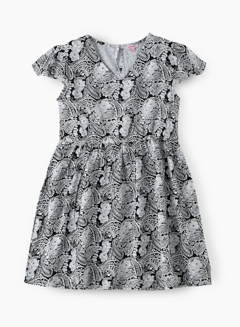Jelliene Girls' Black & White Paisley Printed Viscose Dress