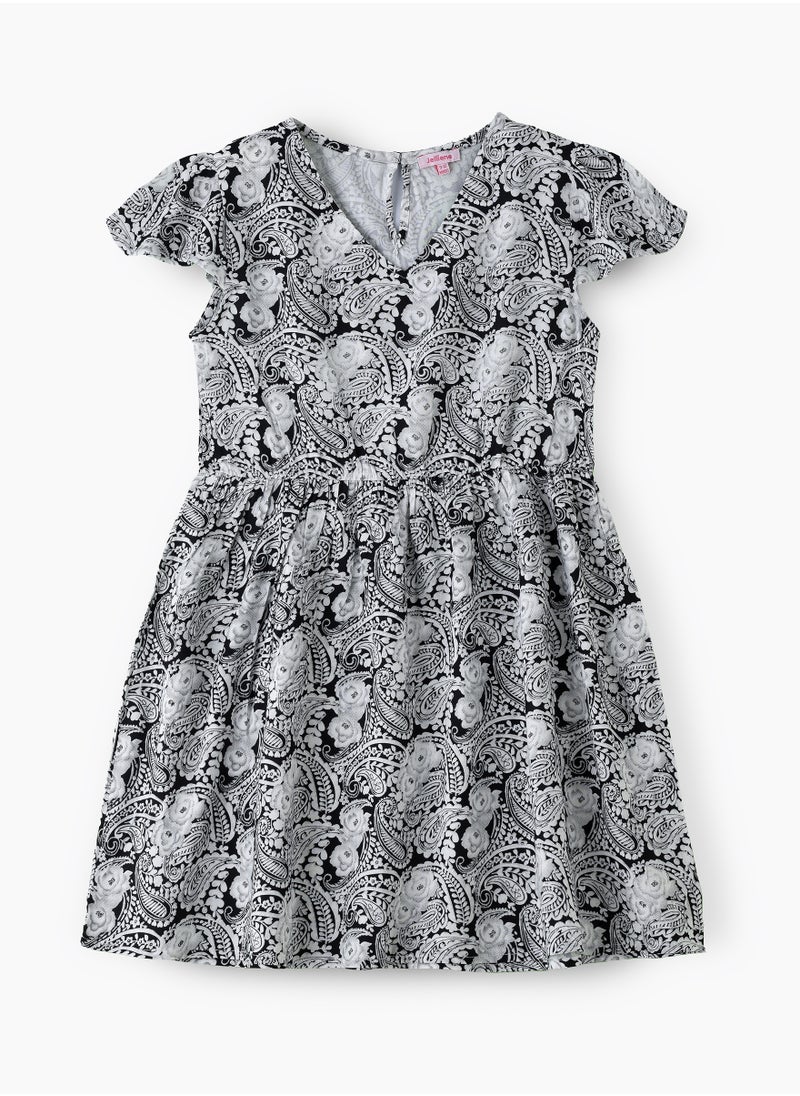 Jelliene Girls' Black & White Paisley Printed Viscose Dress  - Image 1
