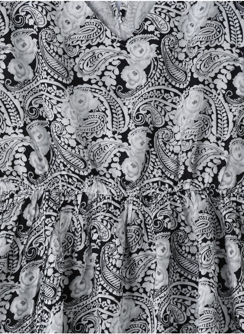 Jelliene Girls' Black & White Paisley Printed Viscose Dress  - Image 3