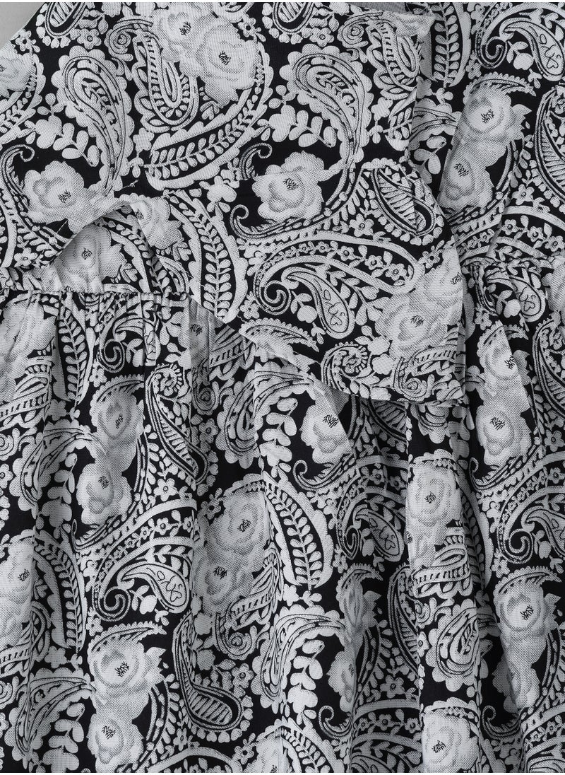 Jelliene Girls' Black & White Paisley Printed Viscose Dress  - Image 4