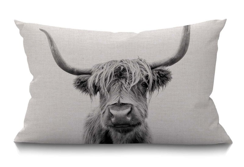 Smooffly Cow Decorative Pillow Cover Farmhouse Portrait of a Highland Cow Cattle Ox Horn Hairy Grey White Cotton Linen Decorations Cushion Case for Sofa Couch Cotton Linen 12x20 Inches