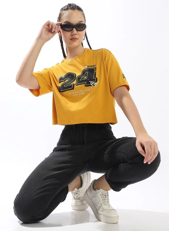 HIGH STAR Women's Yellow 100% Cotton Printed Boxy Fit T-Shirt
