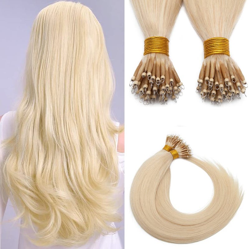 SEGO Nano Bead Ring Human Hair Extension Pre Bonded Nano Tip Remy Hair Extensions Micro Beads Rings Loop Hand Tied Hairpiece 16 Inch 613 Bleach Blonde 1gstrand 50gpack