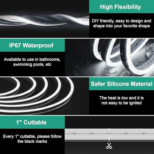 Lucienstar Neon Rope Lights 32.8ft, 6000K White Dimmable LED Strip Lights, 24V Flexible Cuttable IP67 Waterproof LED Rope Lights for Bedroom Indoor Outdoor (Power Adapter Included) - Image 3