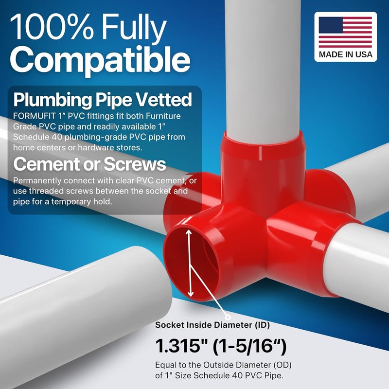 FORMUFIT 1" 5-Way Cross Furniture Grade PVC Fitting in Red, Made in USA, UV-Resistant, Impact-Proof, 1.315” Actual Socket Diameter (Pack of 4) - F0015WC-RD-4 - Image 5